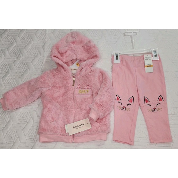 Juicy Couture Baby 12 Month Coat And Pant Clothing Set Faux Fur Pink‎ New Hooded - Picture 3 of 9